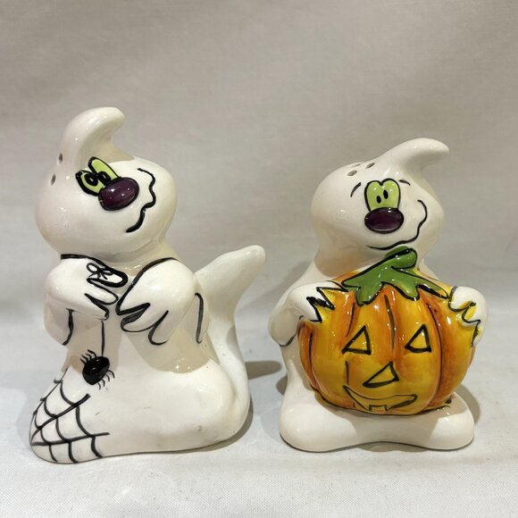 BLUE SKY Clayworks Halloween GHOST JACK-O-LANTERN Spider Salt Pepper Shaker Set - Picture 1 of 7